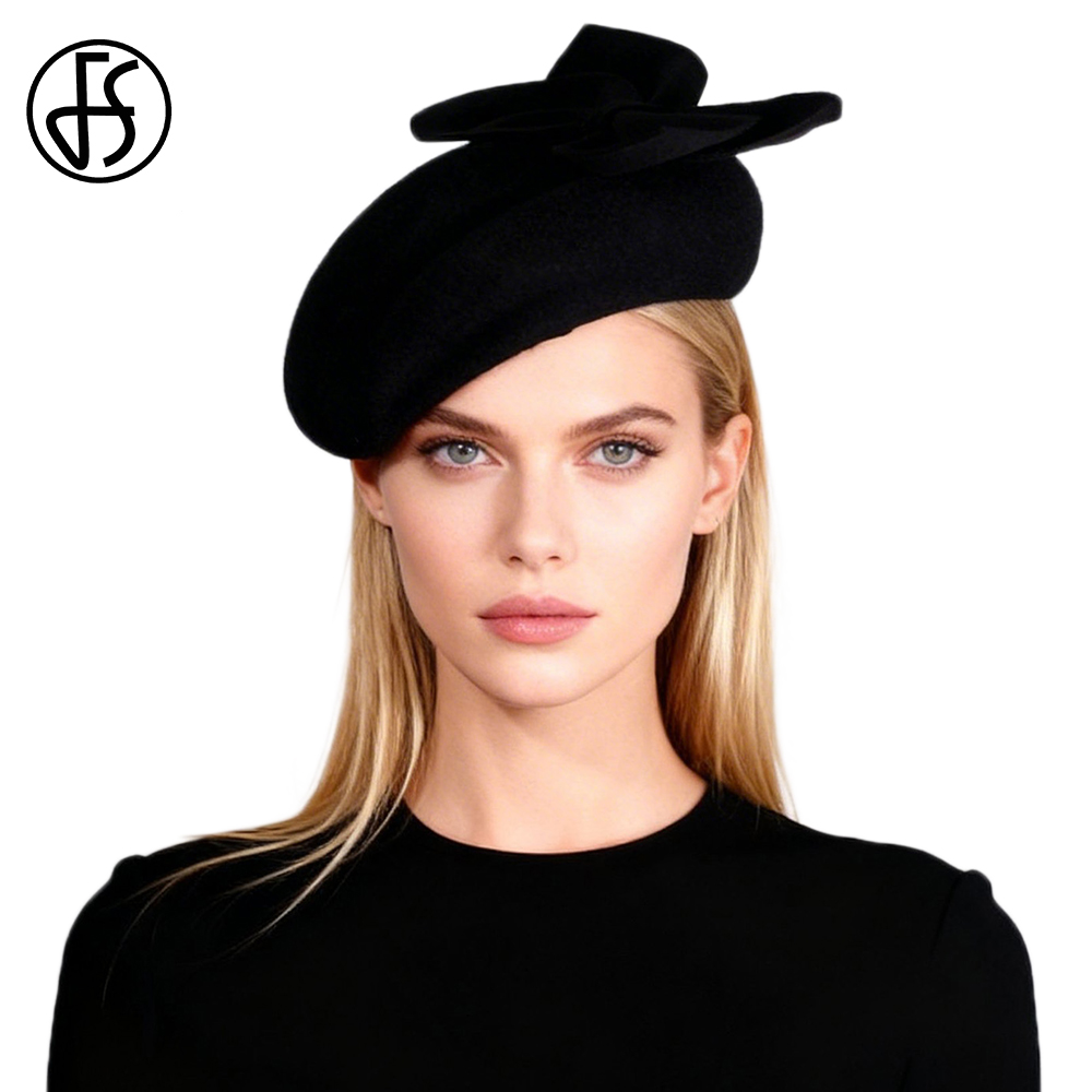 FS Black White Wool Church Hat - Beret French Wool ulasan dan harga